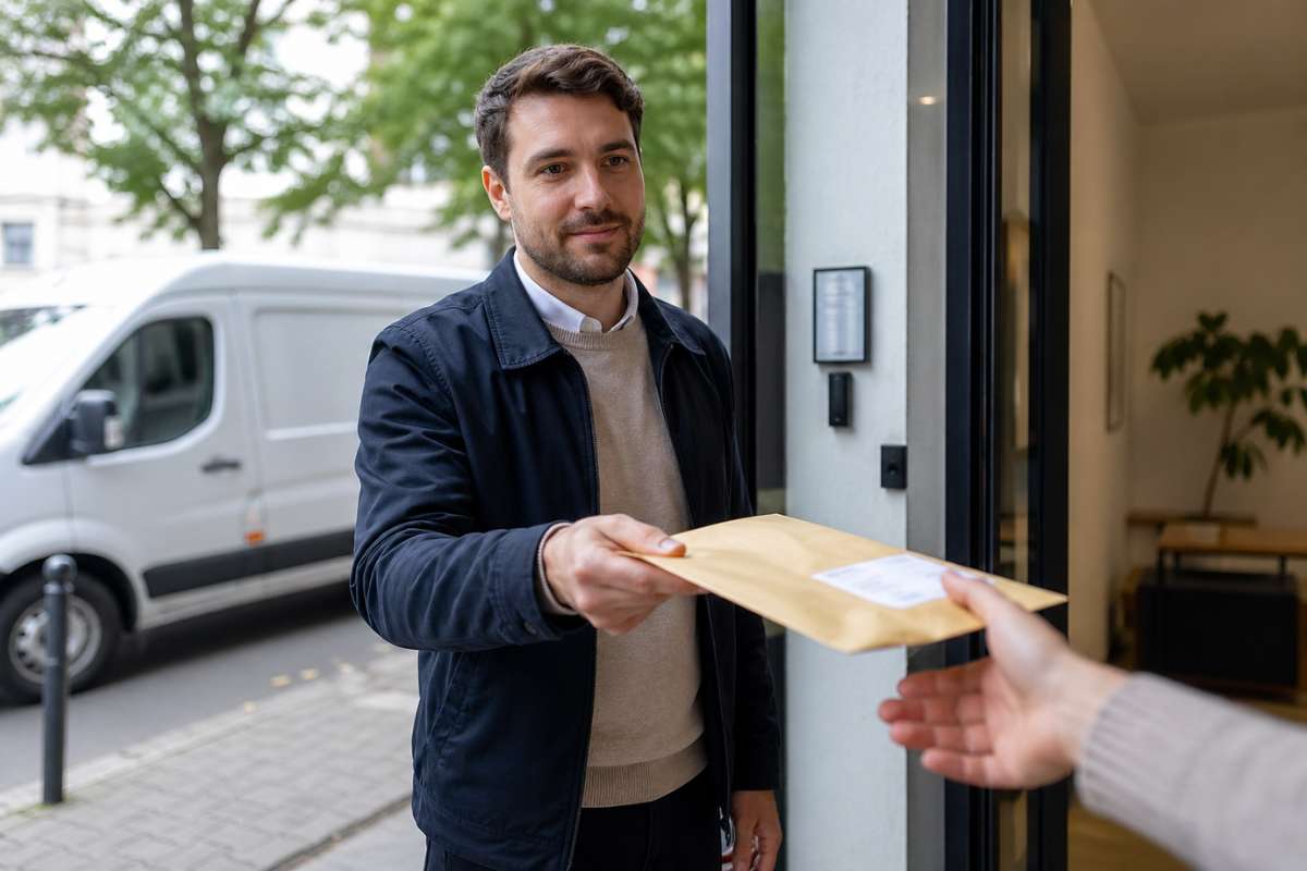 Porta driver handing a parcel to a business customer