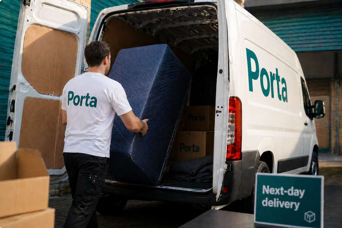 Porta driver loading a large item into a van for next-day delivery