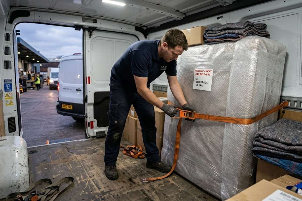 Independent driver securing a large item in a van for next-day delivery