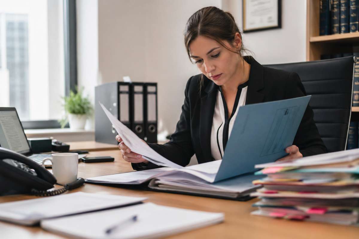 Solicitor or legal professional at a desk with papers and folders