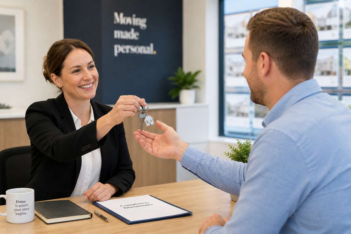 Estate agent handing keys to a buyer on completion day