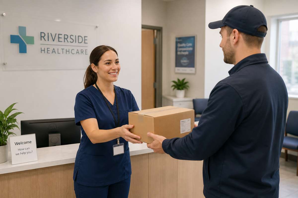 Medical professional receiving a delivery of clinical supplies at a GP practice