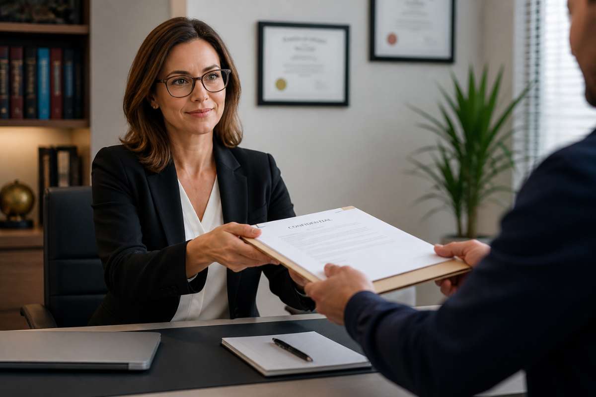 Accountant receiving a courier delivery of signed financial documents at their office