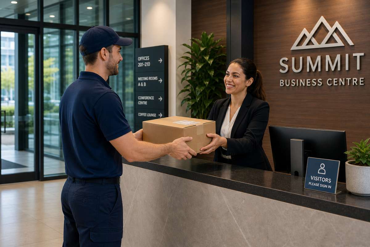 Porta driver making a professional document delivery to a financial office