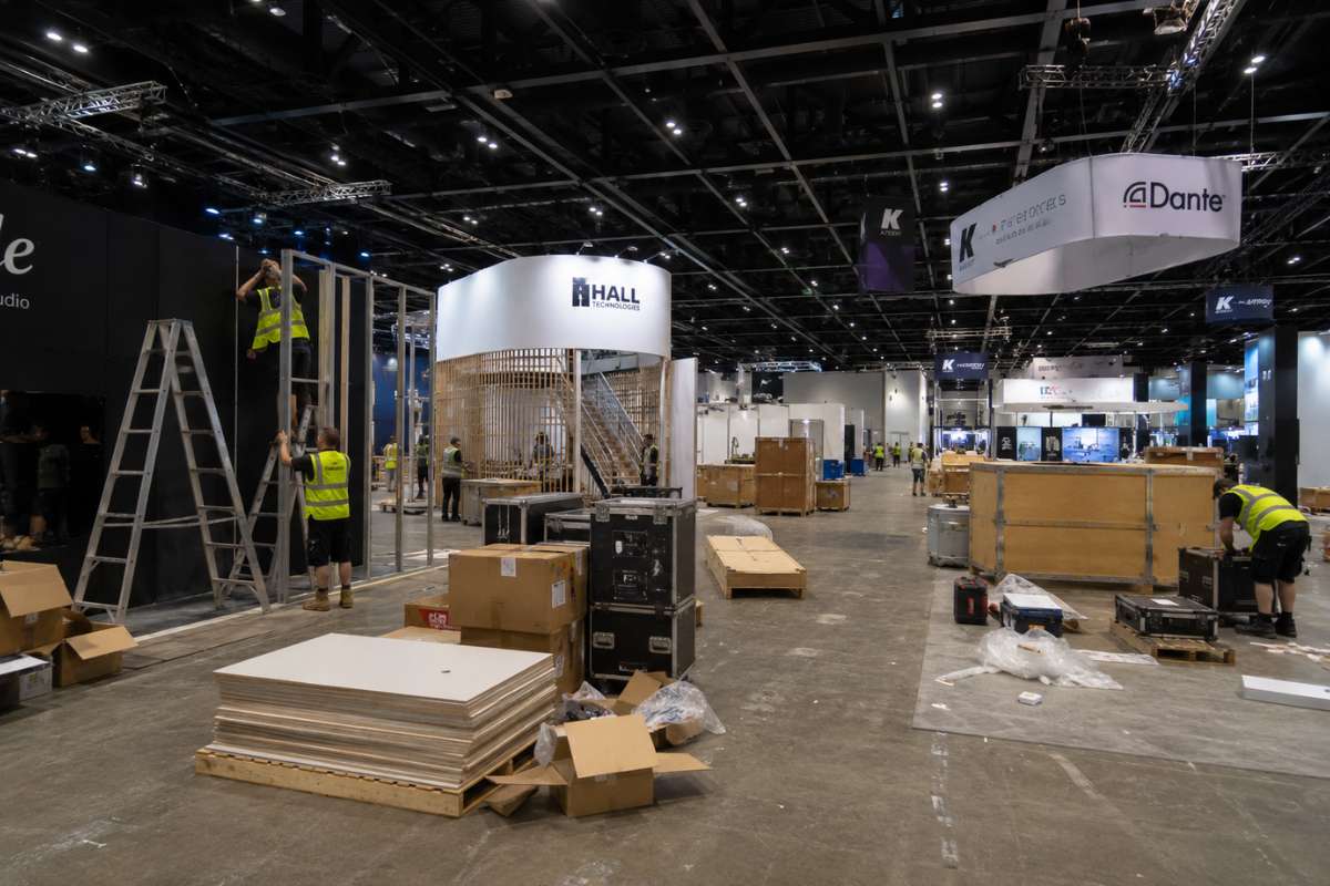 Exhibition stand being set up at a UK trade show venue