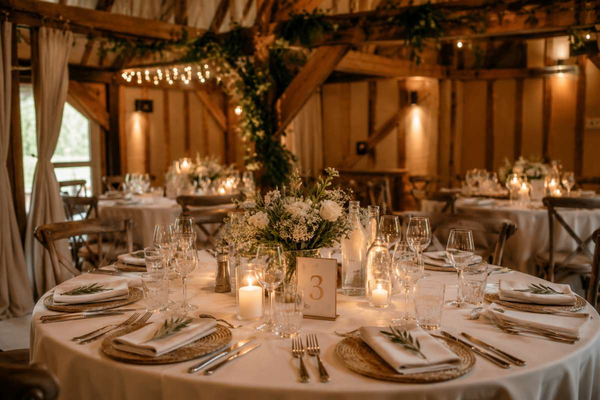 Wedding venue table setup with decorations ready for guests