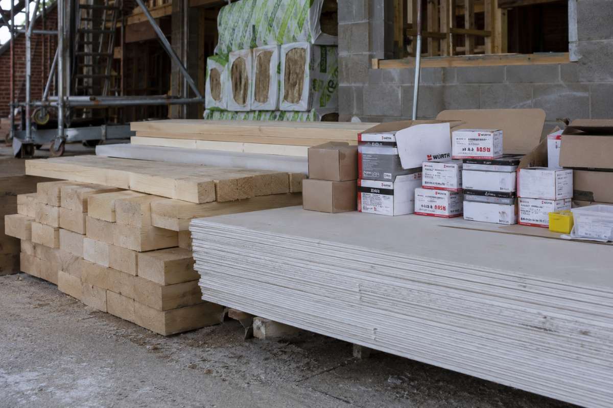 Construction site with building materials stacked and ready for use