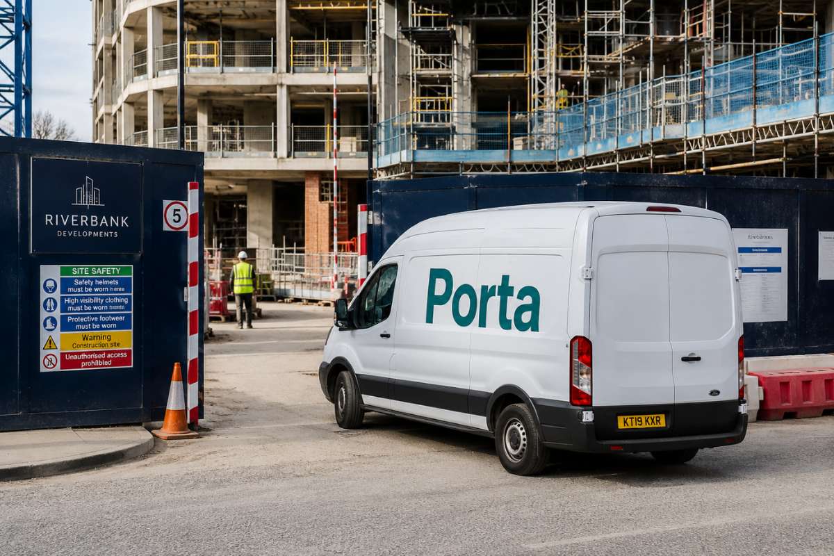 Delivery van parked outside an active construction site
