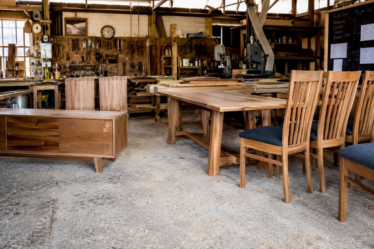 Furniture workshop with finished pieces ready for dispatch