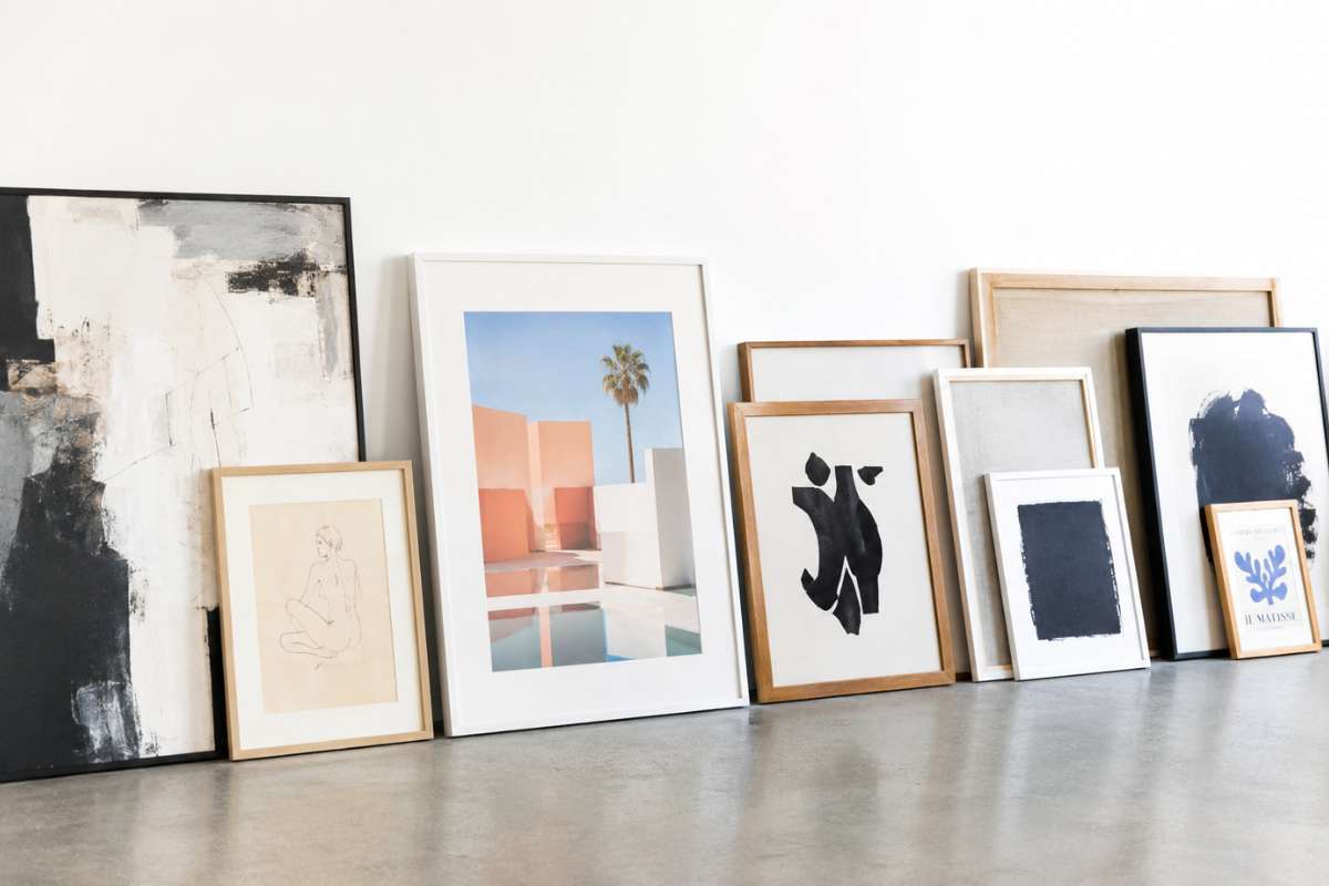 Framed paintings leaning against a gallery wall ready for transport