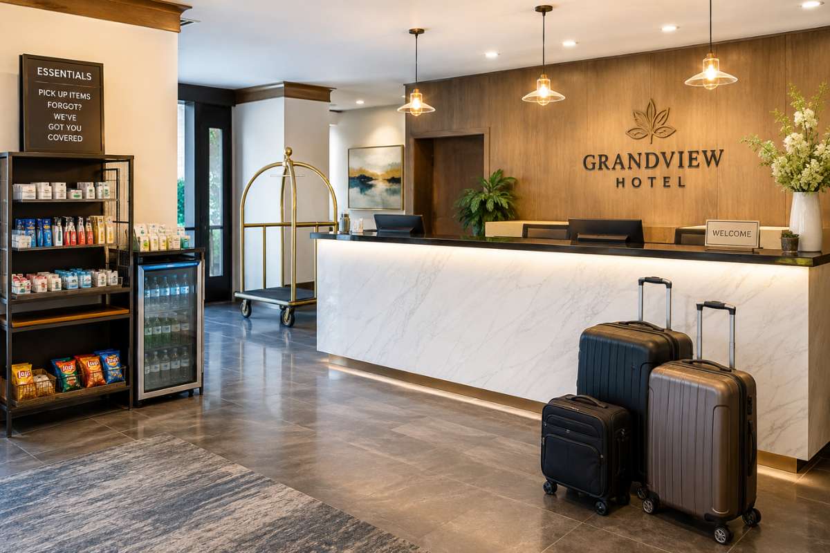Hotel reception area with luggage and supplies ready for guests