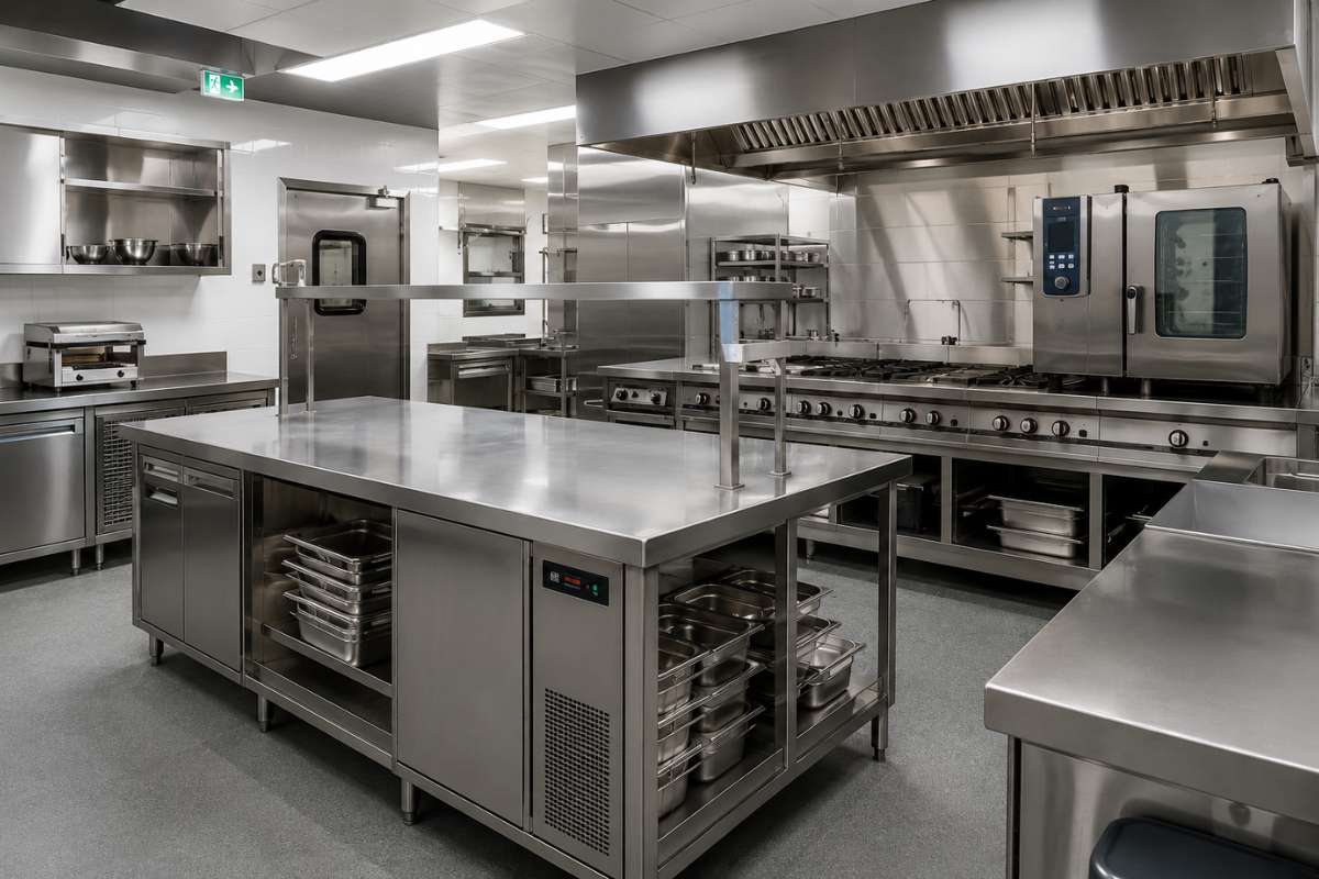Restaurant kitchen with stainless steel equipment and preparation area